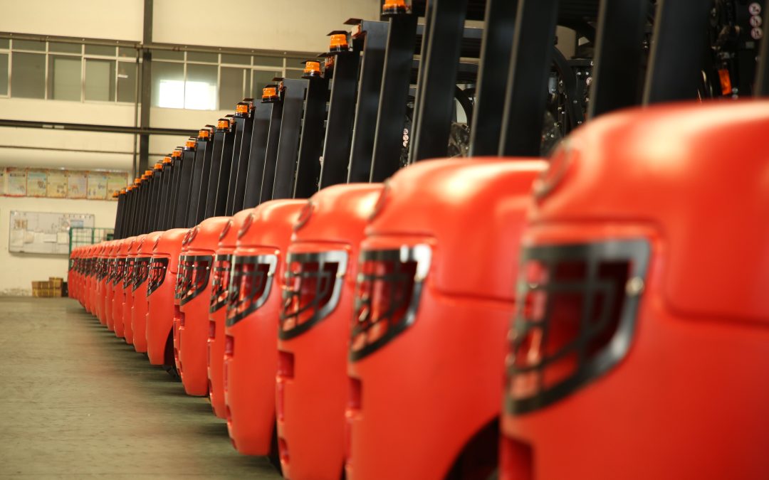 A row of forklifts.