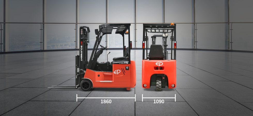 Reach forklift with small size and dimensions.