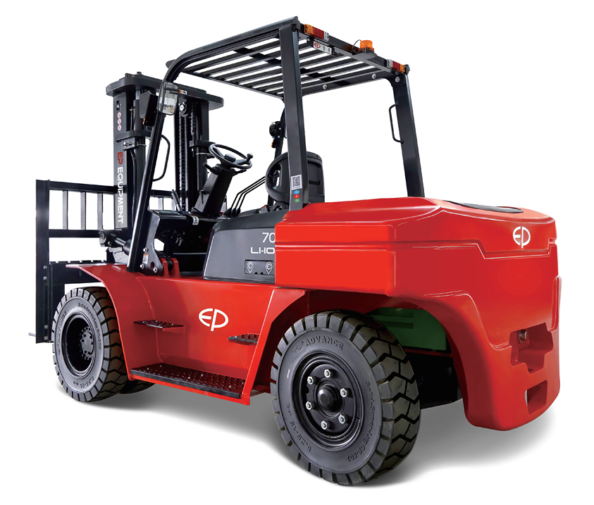 Electric forklift with robust design, durable tires and high capacity, suitable for heavy industry and rough terrain.