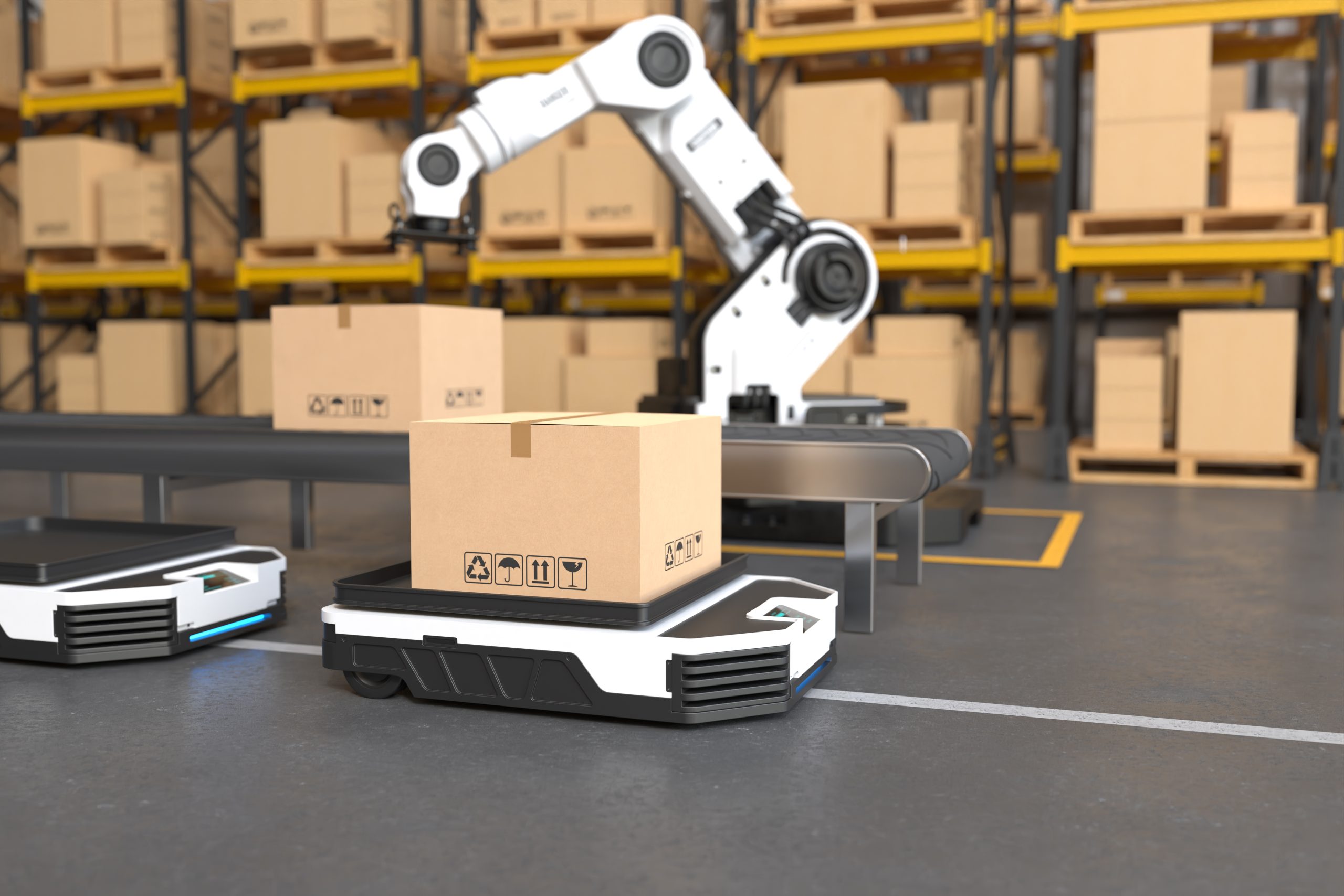 The Robot arm picks up the box to Autonomous Robot transportation in warehouses, Warehouse automation concept. 3D illustration