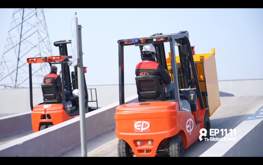 EP operators testing forklifts on a ramp outdoor.