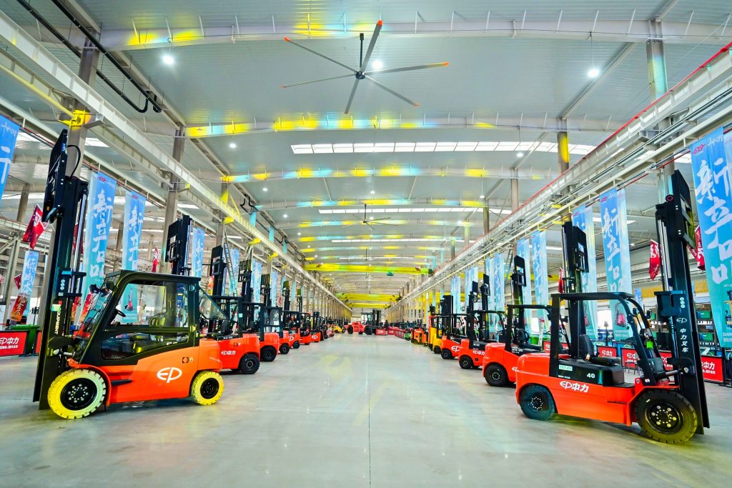 electric forklifts on display